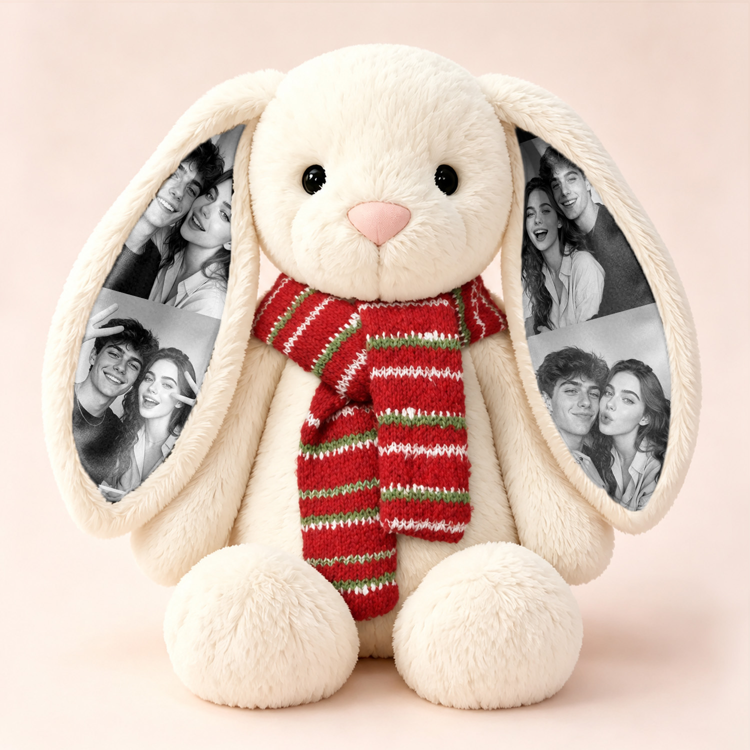 Custom Photo Long-Ear Bunny Plush with Christmas Winter Scarf Christmas Gifts