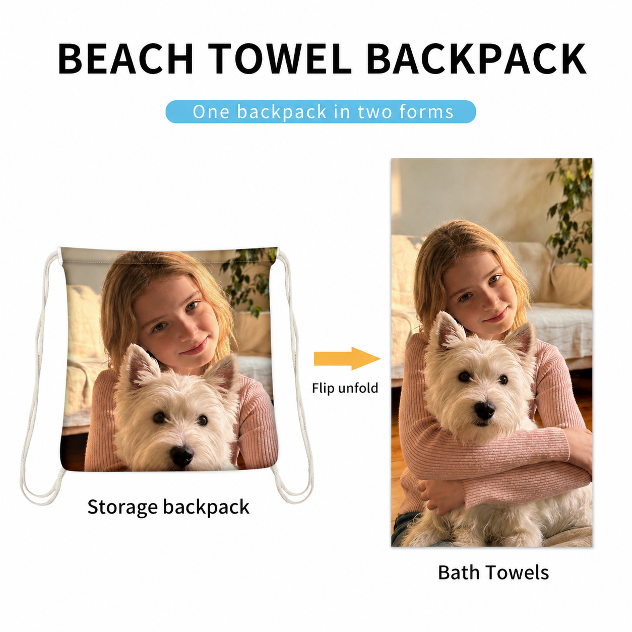 Custom Photo Beach Towel 2-in-1, Quick Dry Sand-Free Foldable Towel with Storage Bag, Lightweight Travel Beach Blanke