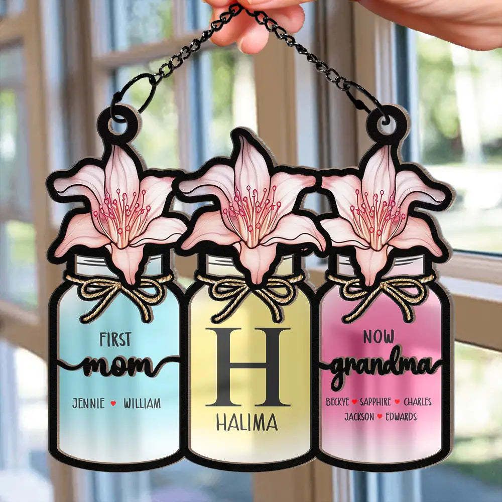 Monogram Flower Jar First Mom Now Grandma Personalized Window Hanging Suncatcher Ornament