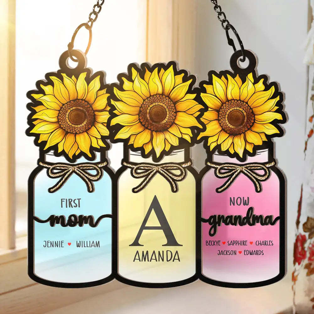 Monogram Flower Jar First Mom Now Grandma Personalized Window Hanging Suncatcher Ornament
