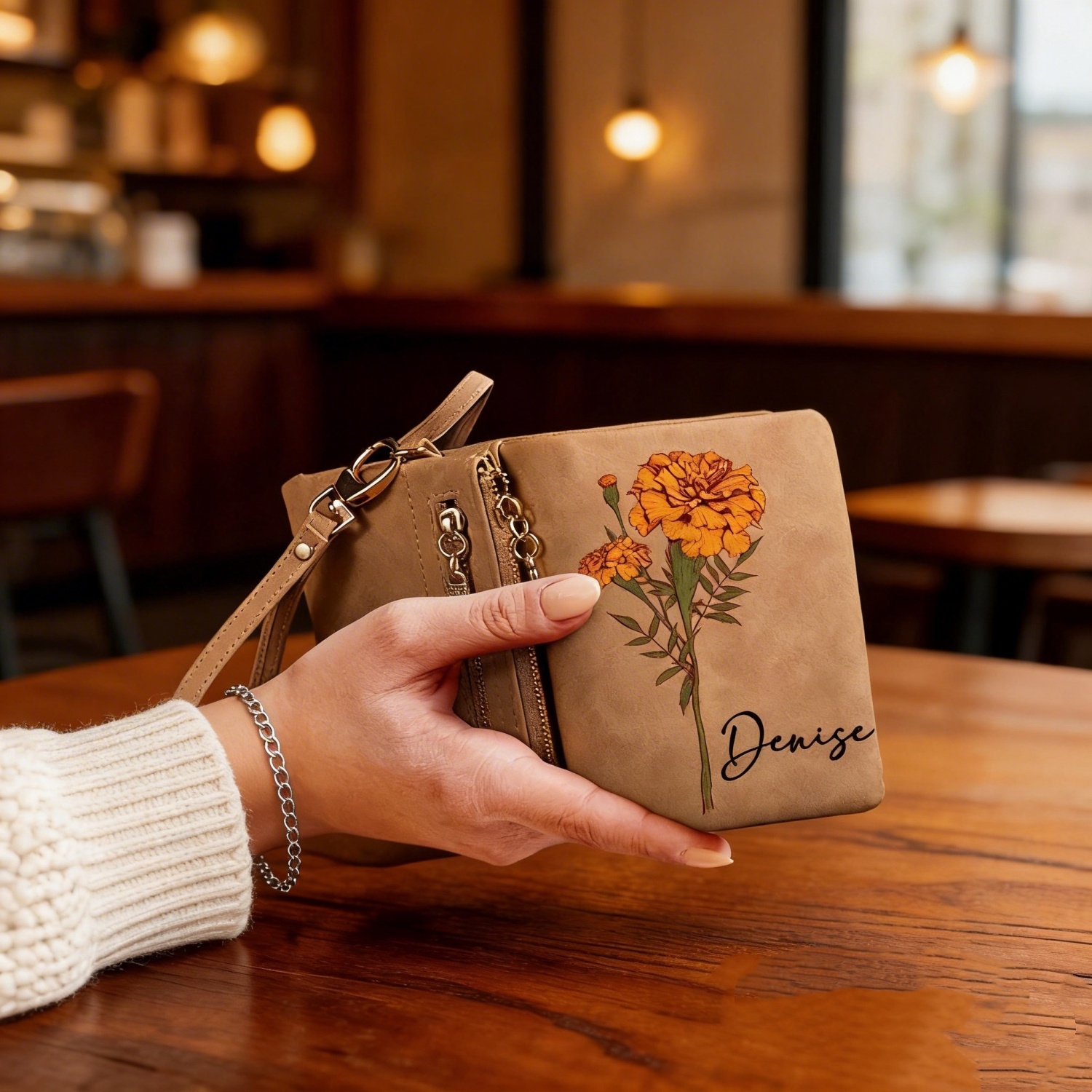 Personalized Watercolor Birth Flower Tri-Fold PU Leather Wristlet Wallet with Card Holder and Name Birthday Anniversary Gift for Women