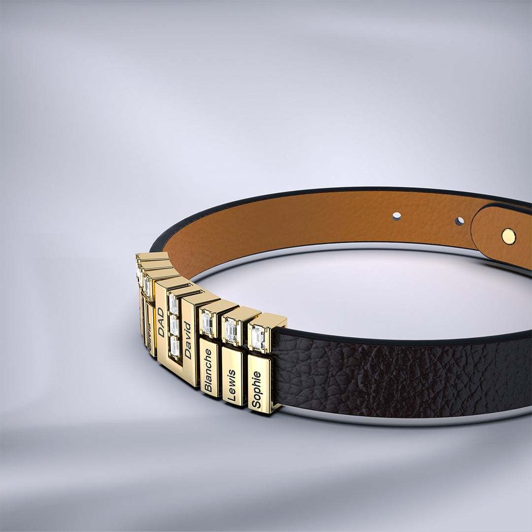 Men's Personalized Leather Bracelet With Adjustable Diamond Beads Rose Gold Plated Stainless Steel For Father's Day 