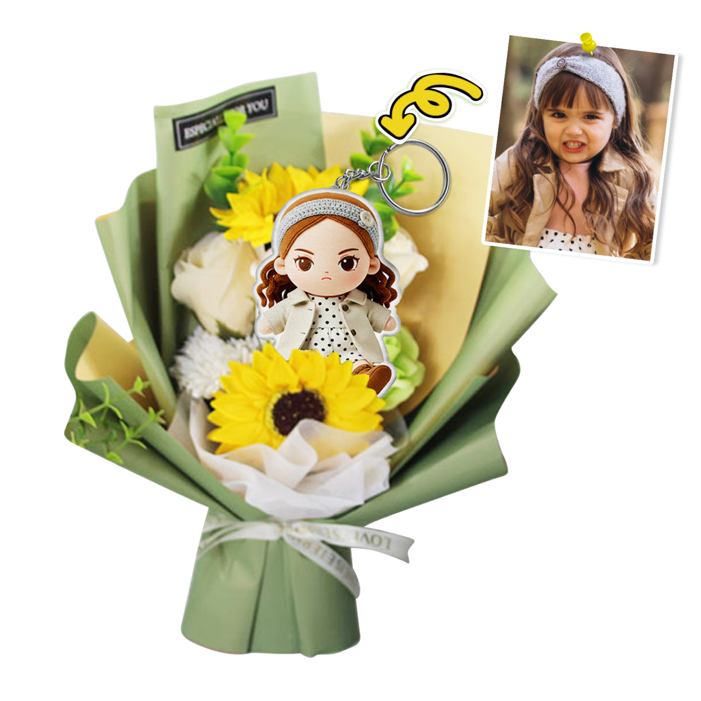 Custom Photo Plush Keychain Doll Bouquet Personalized Cartoon Mini Doll Flowers Mother's Day Gift