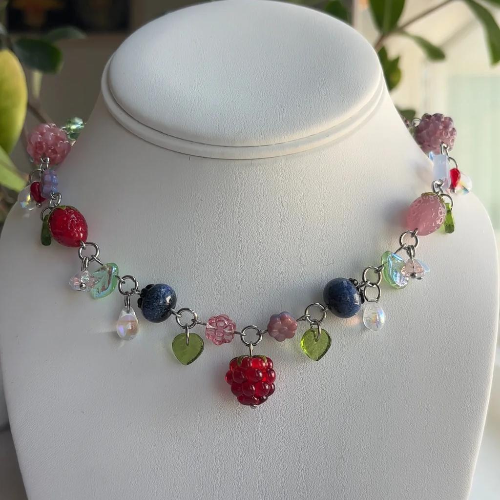 Handmade Glass Raspberry Beaded Necklace Cute Fruit Jewelry Gift for Women for Girls