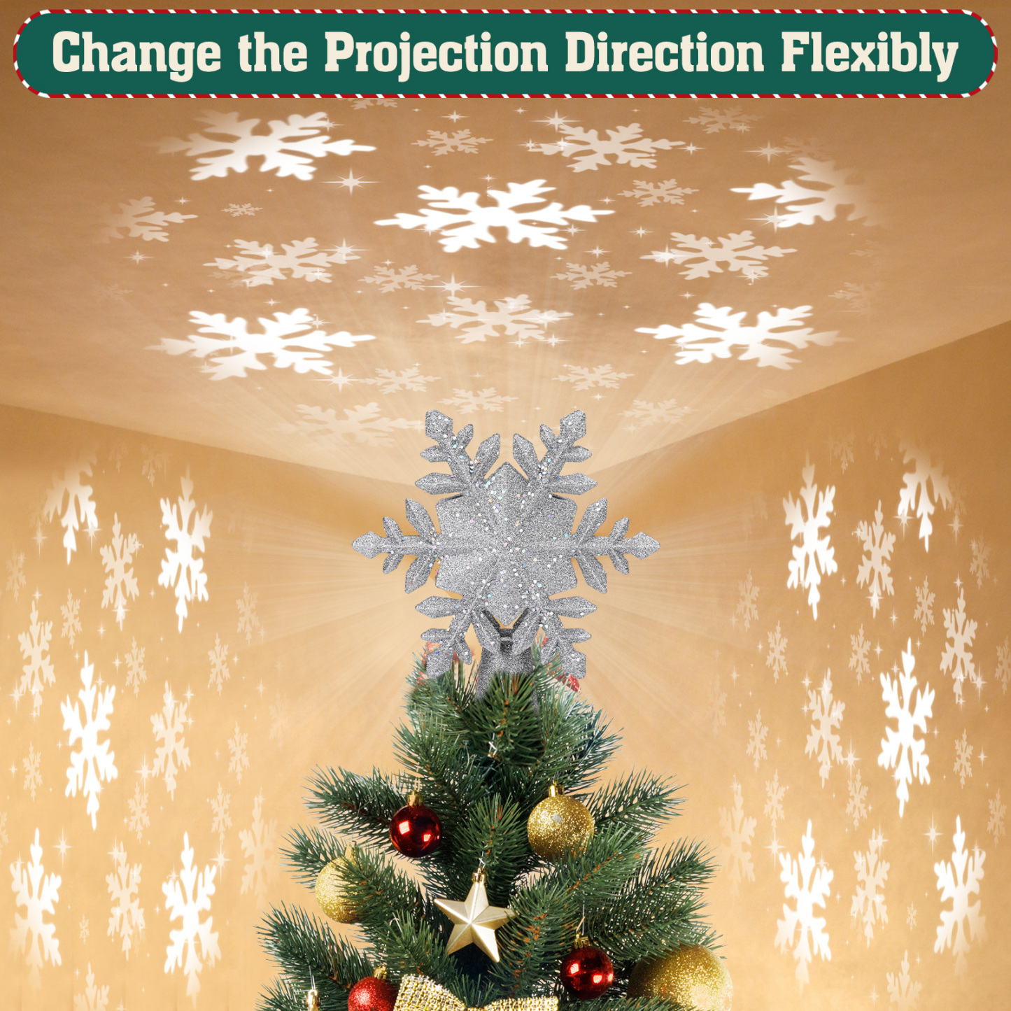Christmas Tree Topper Lighted with Built-in Projection 3D Glitter LED Tree Top Projector for Christmas Tree Xmas Holiday Winter Home Wonderland Party Ornament