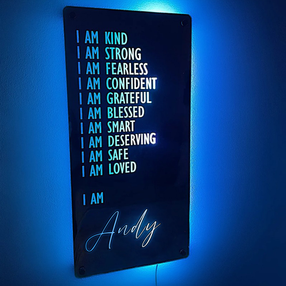 Custom Affirmations Mirror LED Neon Light I Am Mirror Personalized Name Light Up Mirror Bedroom Wall Art for Christmas Gifts Kids Mom Friend