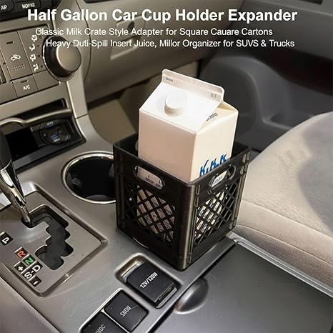 Half Gallon Car Cup Holder Expander - Classic Milk Crate Style Adapter for Square Cartons, Secure Anti-Spill Insert for Juice, Milk & Iced Coffee, Heavy Duty Interior Organizer for SUVs & Trucks