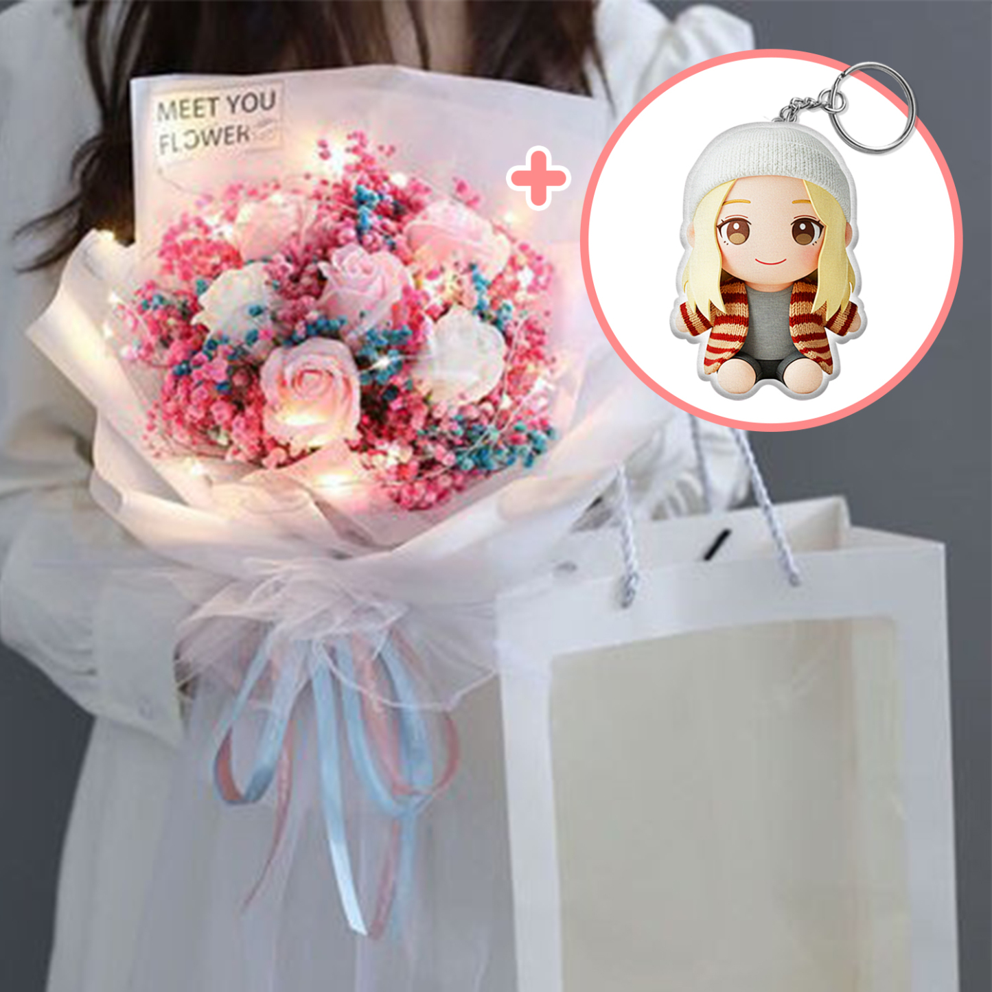 Custom Photo Plush Keychain Doll Bouquet Personalized Cartoon Mini Doll Flowers Mother's Day Gift
