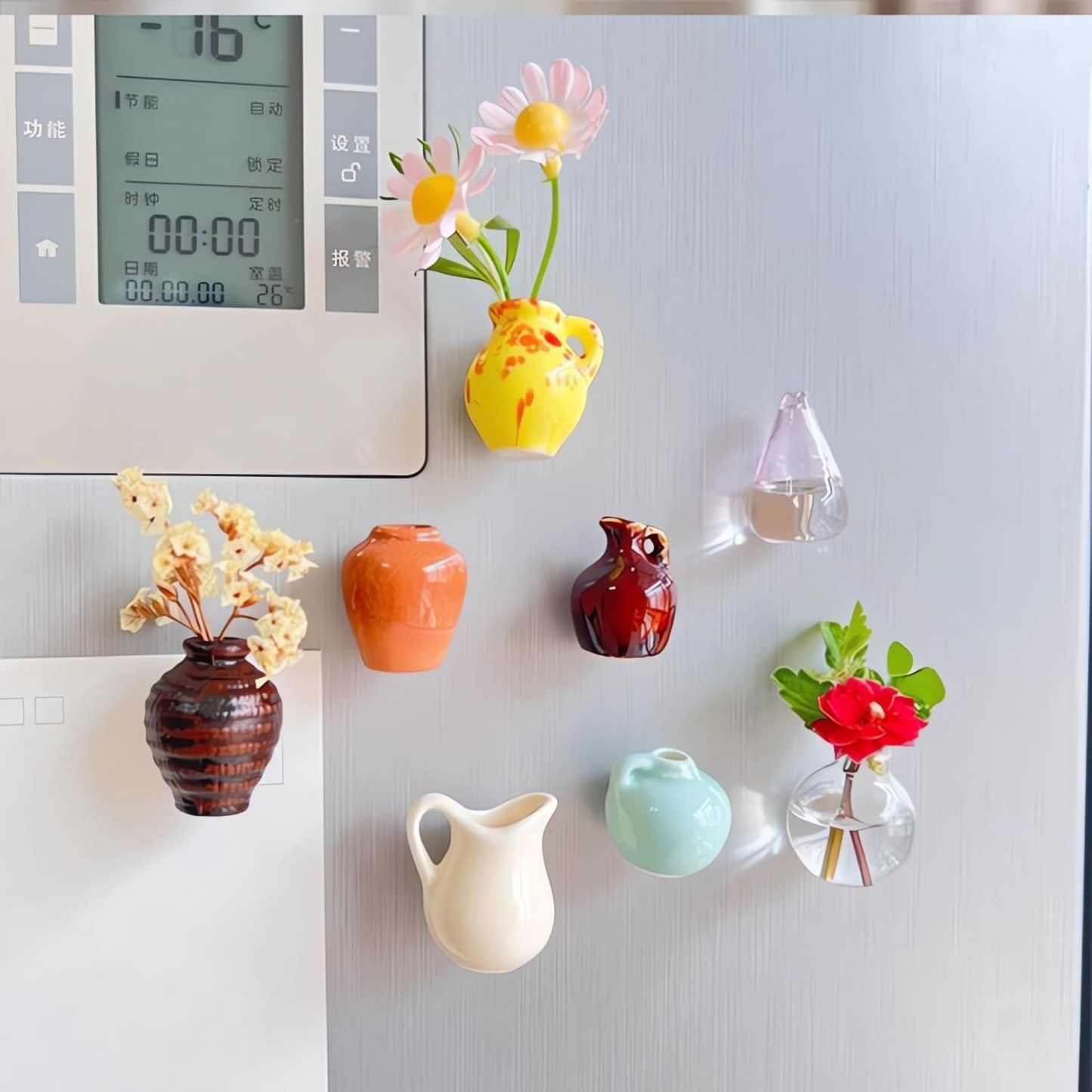 Mini Ceramics Vase Fridge Magnets Label Bonsai Magnet Button Potted Simulation Flower Vase Refrigerator Message 8pcs Set
