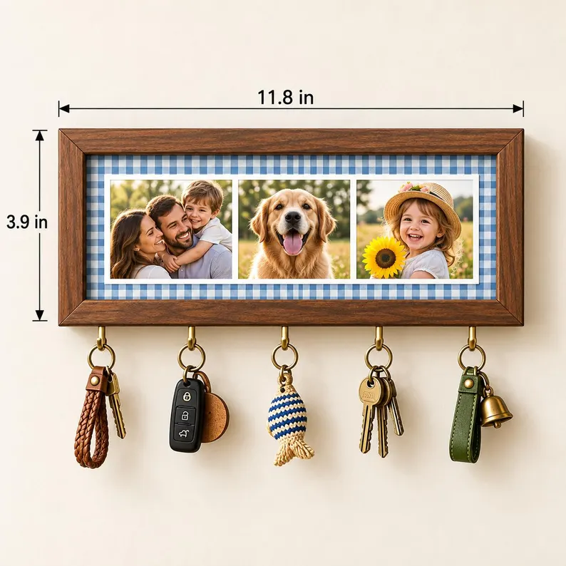 Personalized Photo Key Holder Custom Picture Frame Key Rack Wooden Entryway Organizer