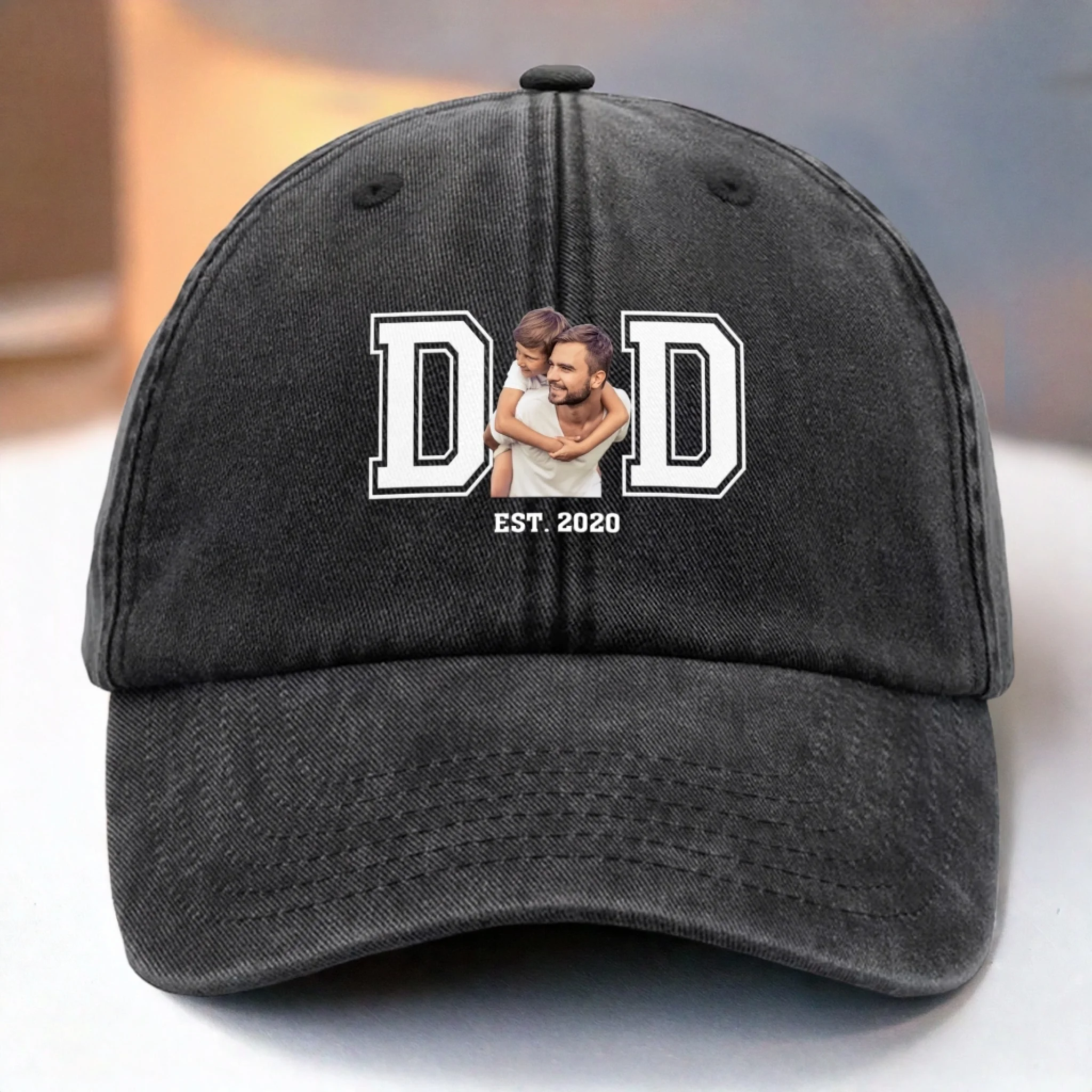 Custom Photo Powered By Love - Family Personalized Custom Vintage Washed Denim Baseball Cap - Father's Day, Gift For Dad