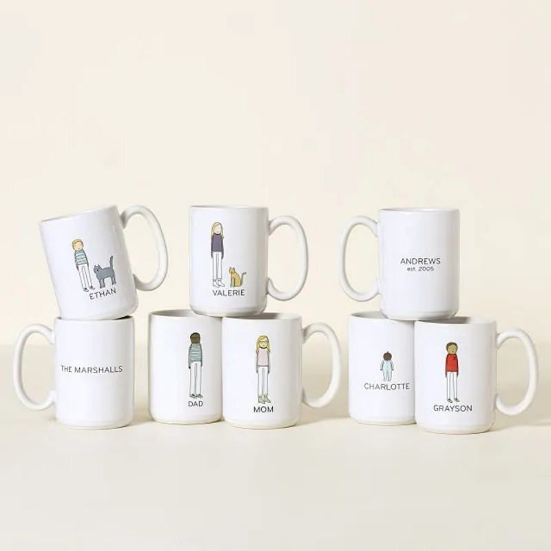 Personalized Family Mugs Custom Your Family Name and Artwork Depicting Each Family Member.