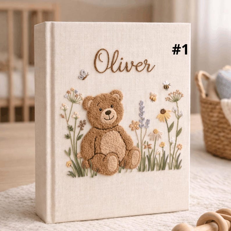 Hand Embroidered Baby Photo Album with Teddy Bear – Personalized Linen Baby Memory Book, Newborn Keepsake Album