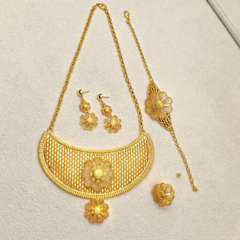 Bridal Jewelry Set for Women Arabian Floral Mesh Statement Necklace Earrings Ring Bracelet 4 PCS Traditional Saudi Wedding Jewelry Set