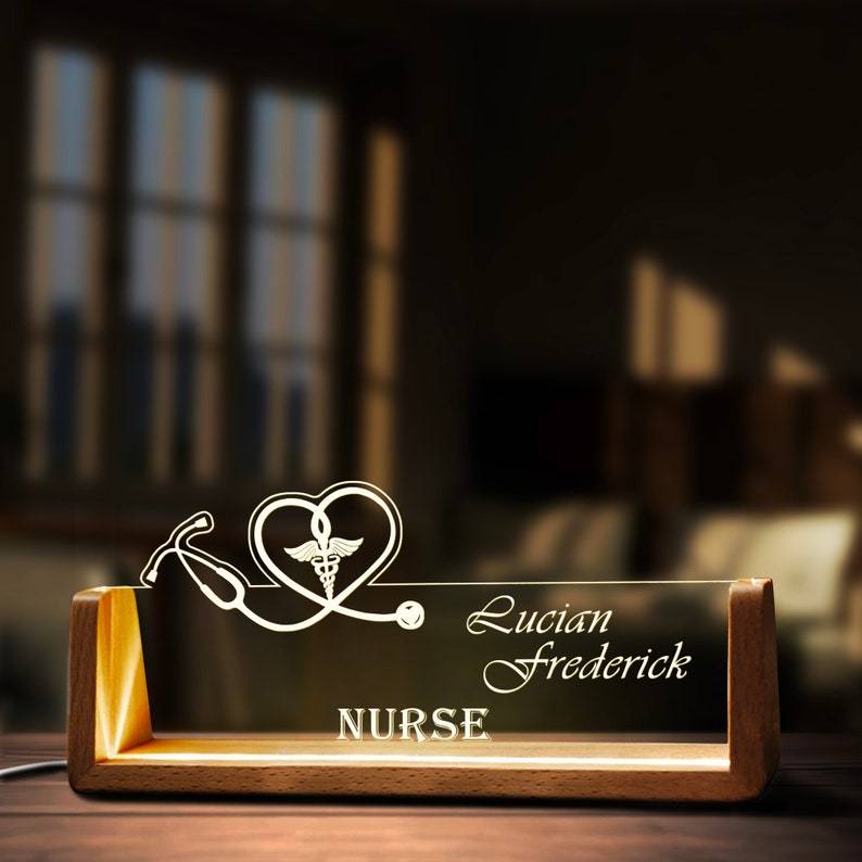 Custom Nurse Desk Name Plate Personalized Nurse Stethoscope LED Light Wooden Base Acrylic Office Accessories Wood Name Sign Decor Gift