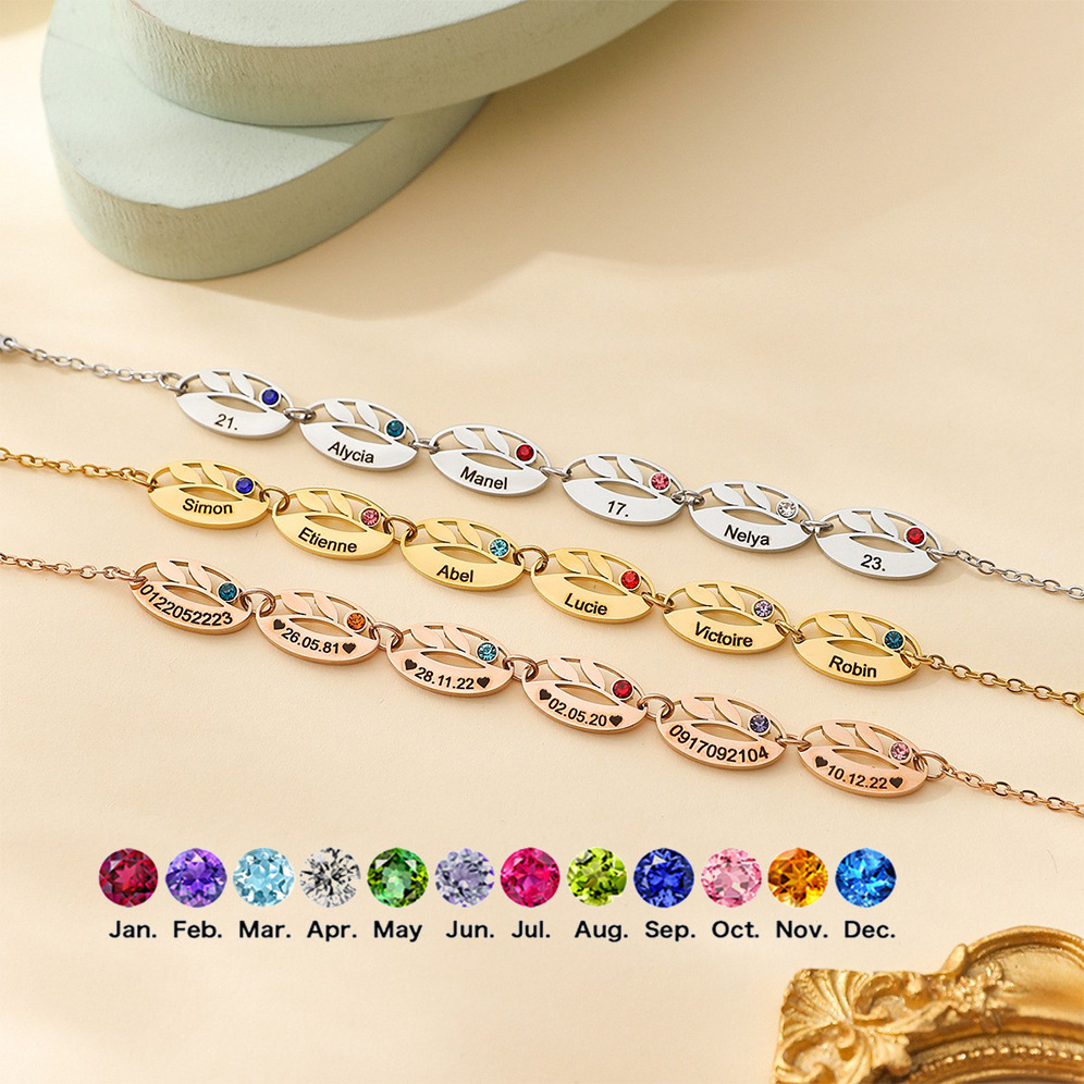 Personalized Leaf Bracelet with Birthstones, Custom Name Engraved Family Jewelry, Mother’s Day Gift