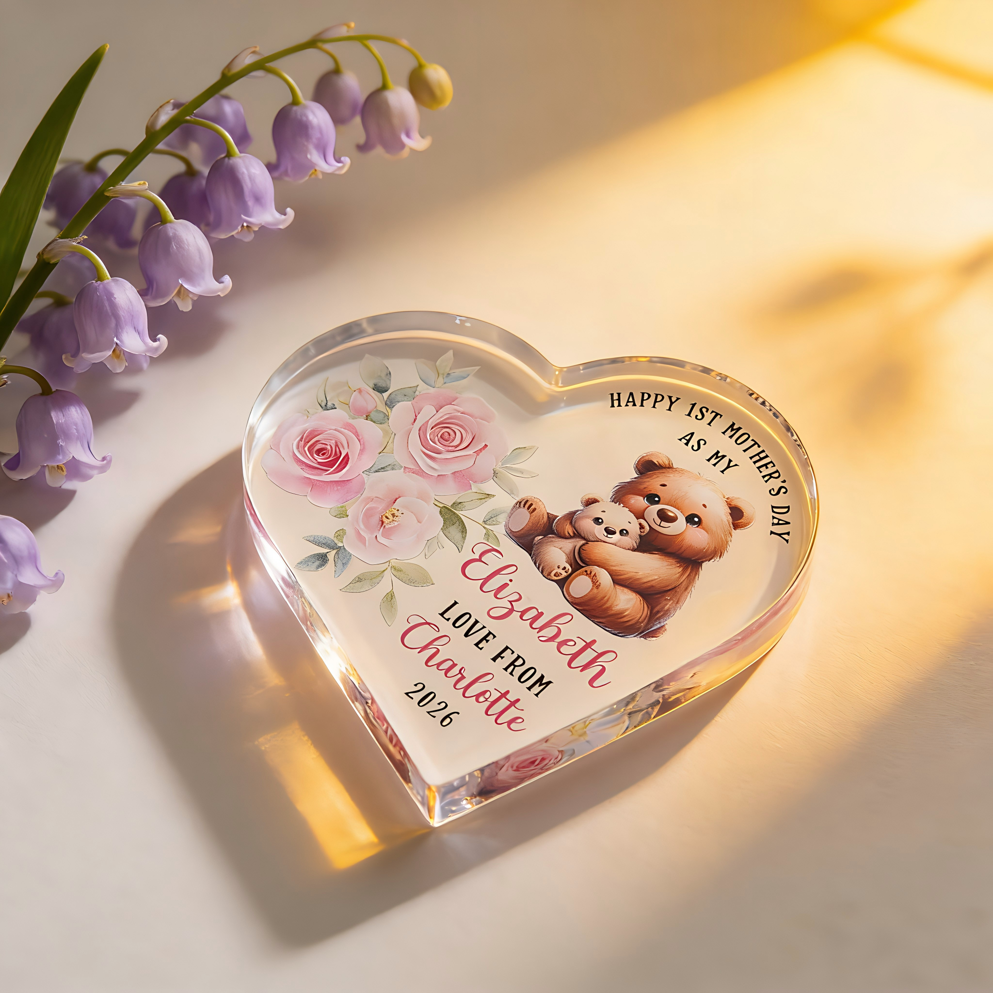 Personalized Happy 1st Mother's Day Cute Animal Heart-shape Acrylic Plaque with Name Desk Decor Mother's Day Birthday Gift for Mom