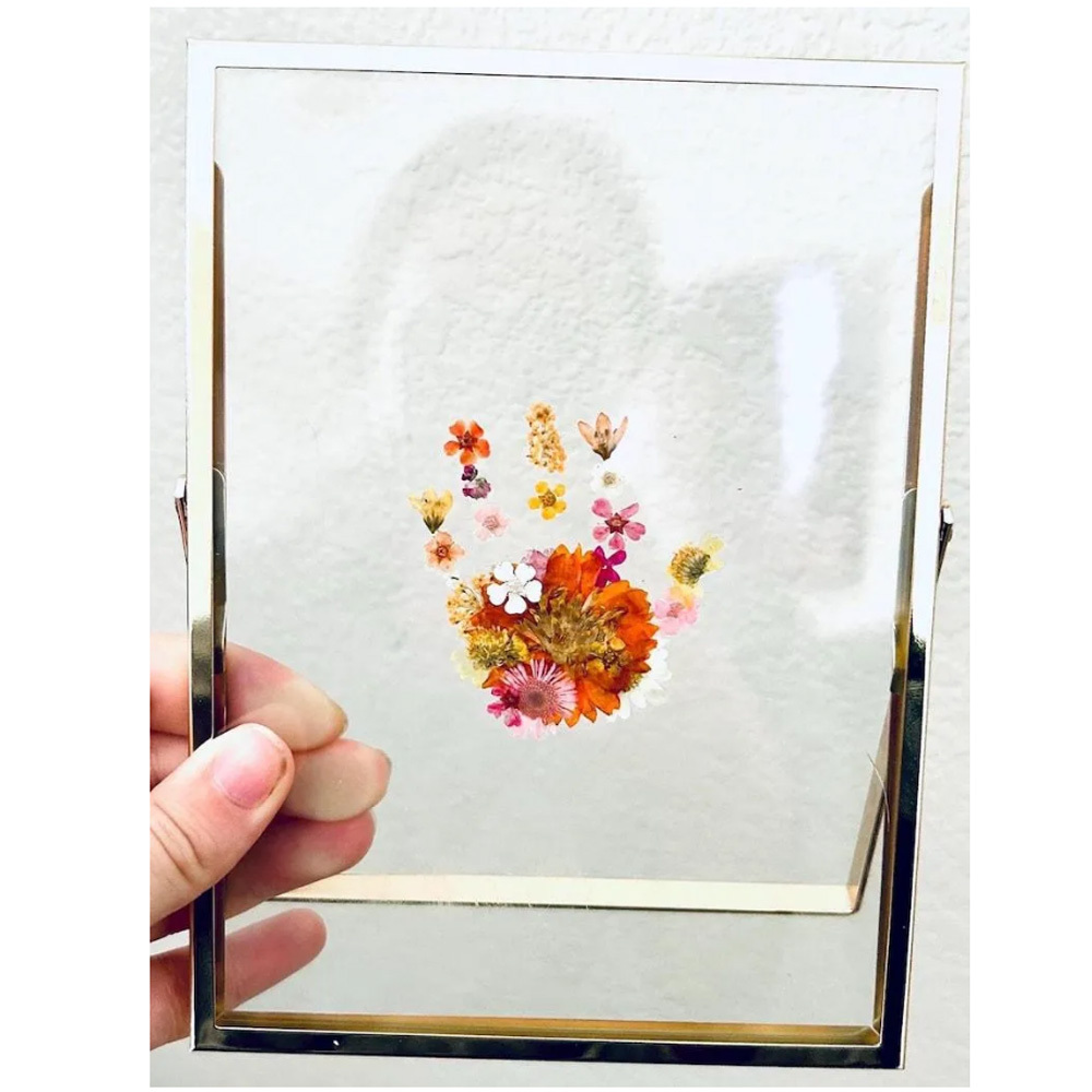 Custom Baby Keepsake Birth Present Pressed Flowers Floating Metal Frame Baby Handprint Framed Gift For Mom