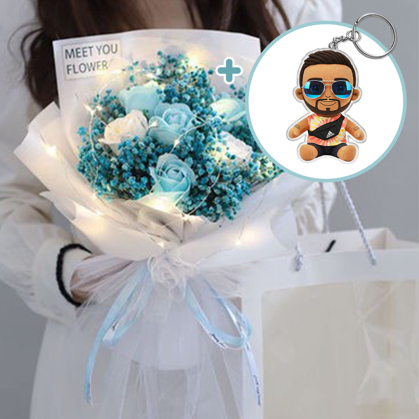 Custom Photo Plush Keychain Doll Bouquet Personalized Cartoon Mini Doll Flowers Mother's Day Gift