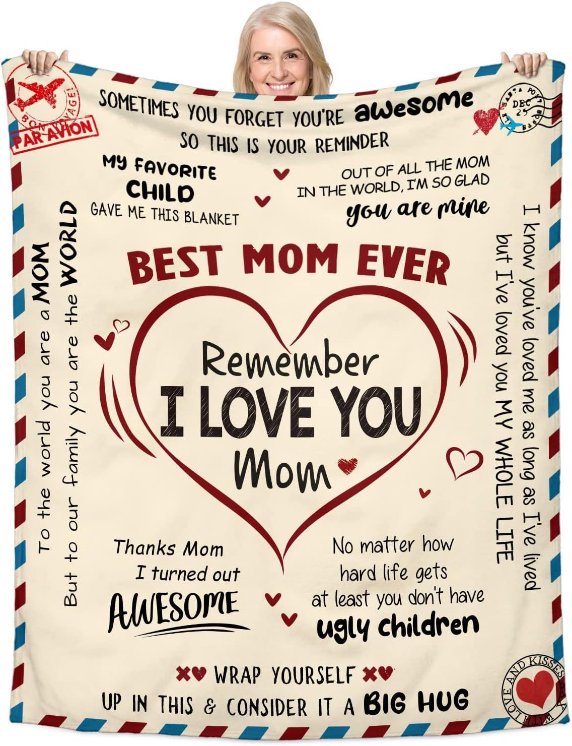 Gift for Mom from Daughter Son - Best Mom Ever Soft Fleece Throw Blanket 60x80 in - Mothers Day Birthday Gifts for Women Mama, Present for Stepmom Mother-in-Law