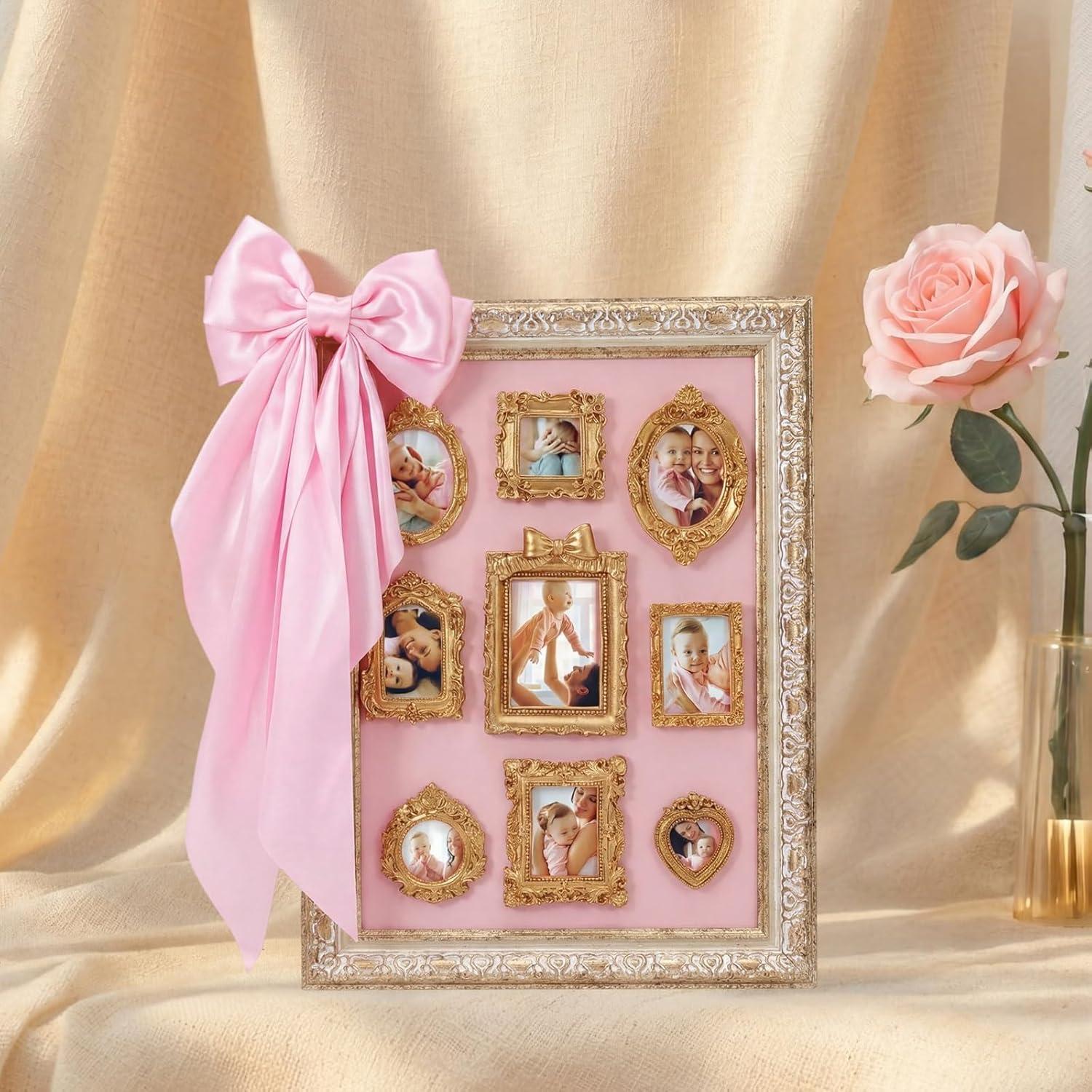 Sieral DIY Bow Photo Frames Museum 11 x 14 Inch Coquette Vintage Photo Frame with 9 Pcs Mini Gold Photos Frames and Pink Bow Ribbon for Baby Showers Anniversary Wedding Birthday Home Decor