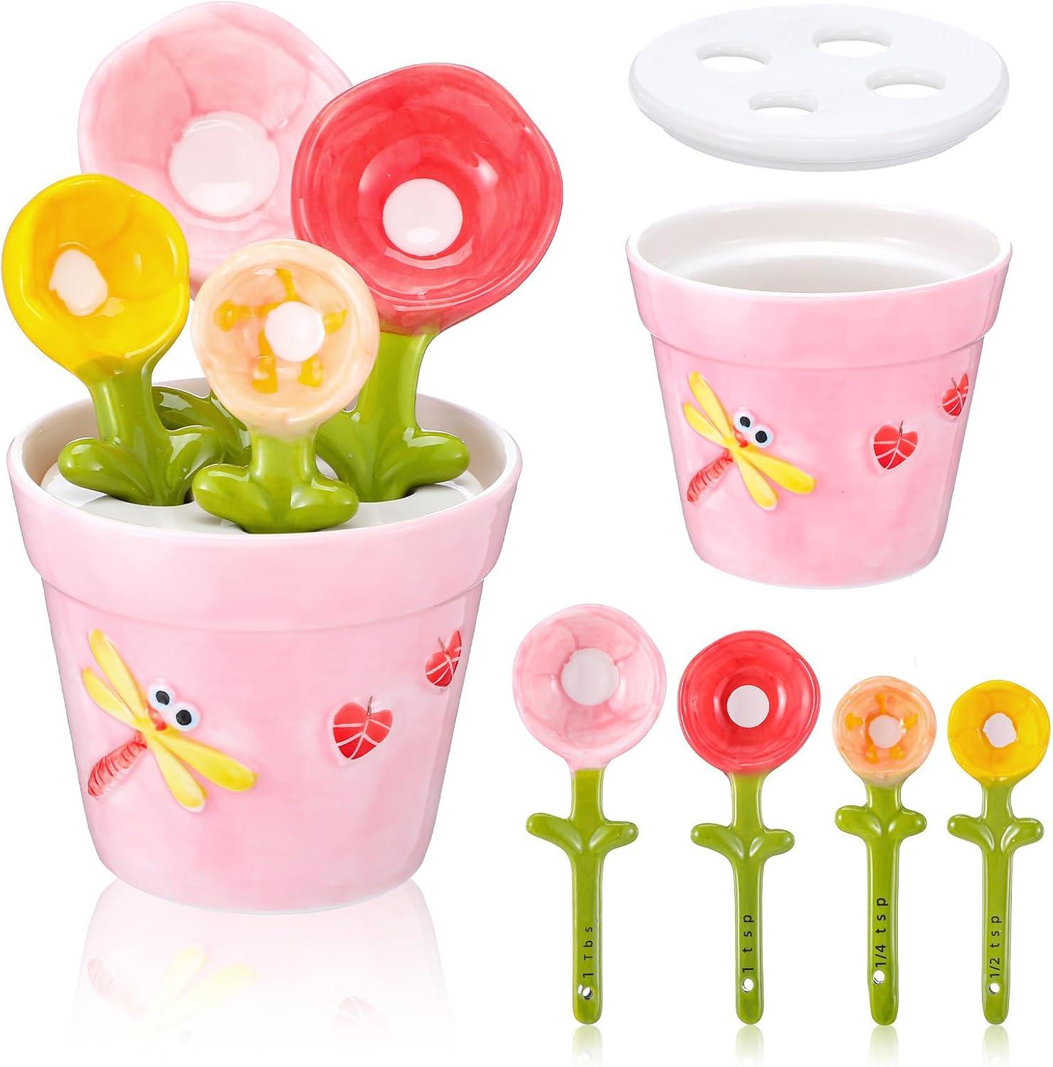 Cute Flower Measuring Spoons Set with Ceramic Pot Holder – Adorable Baking Measuring Spoons for Kitchen, Coffee & Cooking, Unique Gift for Her