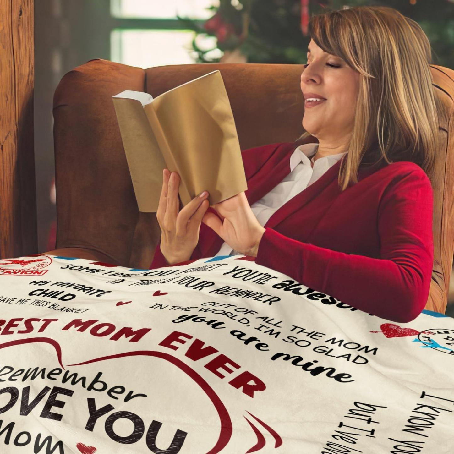 Gift for Mom from Daughter Son - Best Mom Ever Soft Fleece Throw Blanket 60x80 in - Mothers Day Birthday Gifts for Women Mama, Present for Stepmom Mother-in-Law