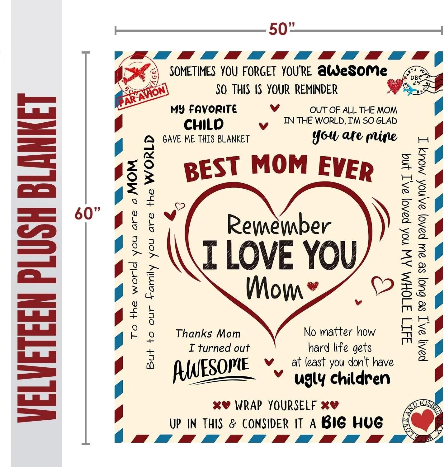 Gift for Mom from Daughter Son - Best Mom Ever Soft Fleece Throw Blanket 60x80 in - Mothers Day Birthday Gifts for Women Mama, Present for Stepmom Mother-in-Law