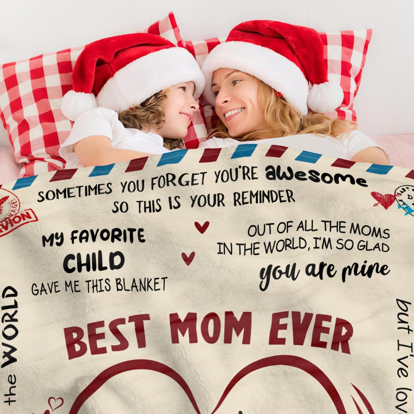 Gift for Mom from Daughter Son - Best Mom Ever Soft Fleece Throw Blanket 60x80 in - Mothers Day Birthday Gifts for Women Mama, Present for Stepmom Mother-in-Law