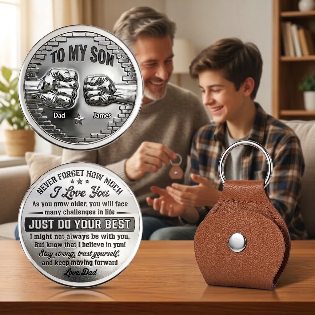 Personalized Pocket Hug Token Custom To My Kids Coin Fist Bump Engraved Metal Token with Leather Keychain Pouch Encouragement Gift for Kids from Parents
