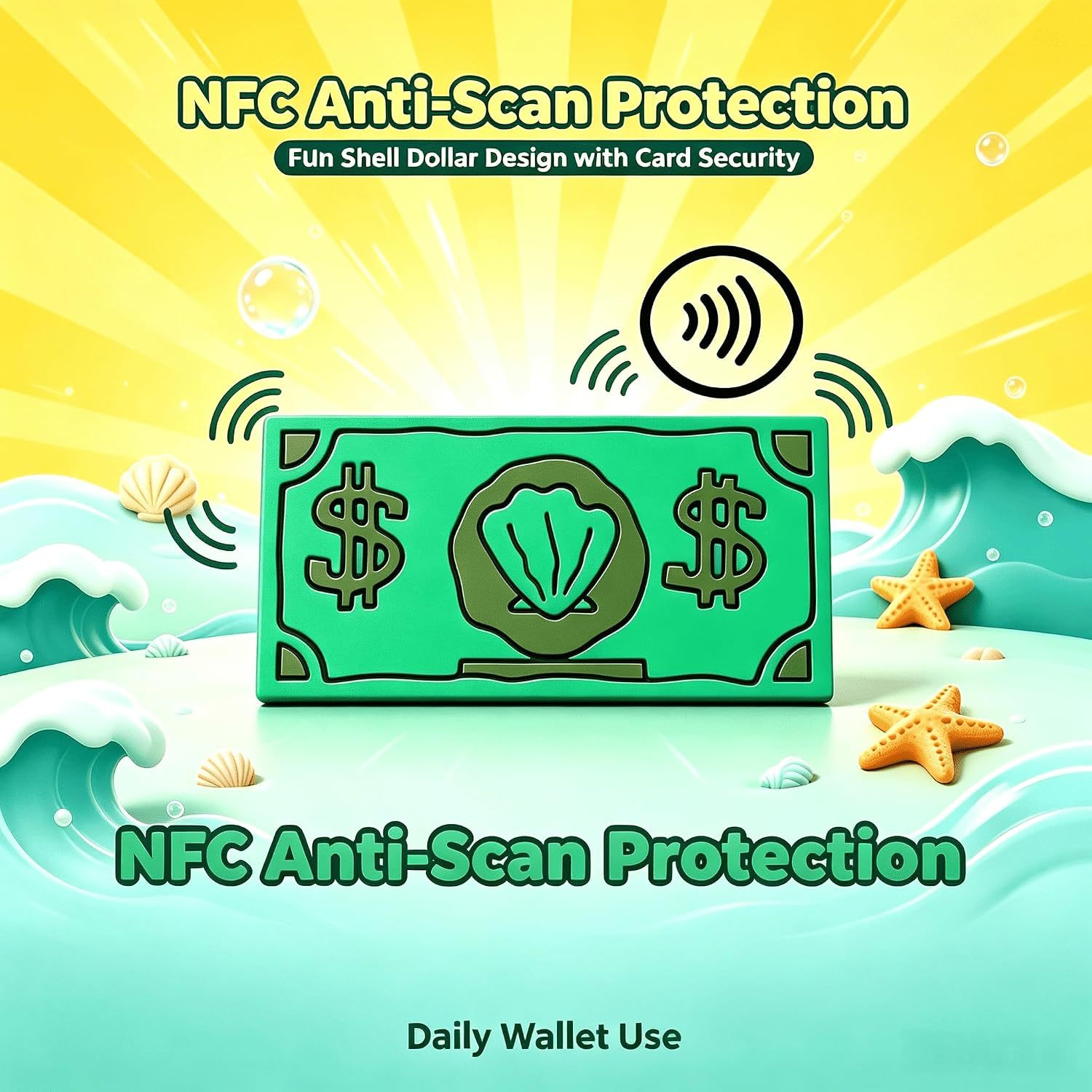 3D Printed Ocean Shell Dollar Credit Card Protector Fun NFC Anti-Scan RFID Blocking Sleeve Cute Ocean Cartoon Card Holder for Wallet Security