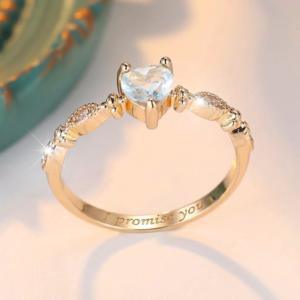 Engravable Ring Heart Gemstone Gold-Tone Dainty Band Filigree Vintage Style Promise Ring Personalized Romantic Jewelry Gift for Her