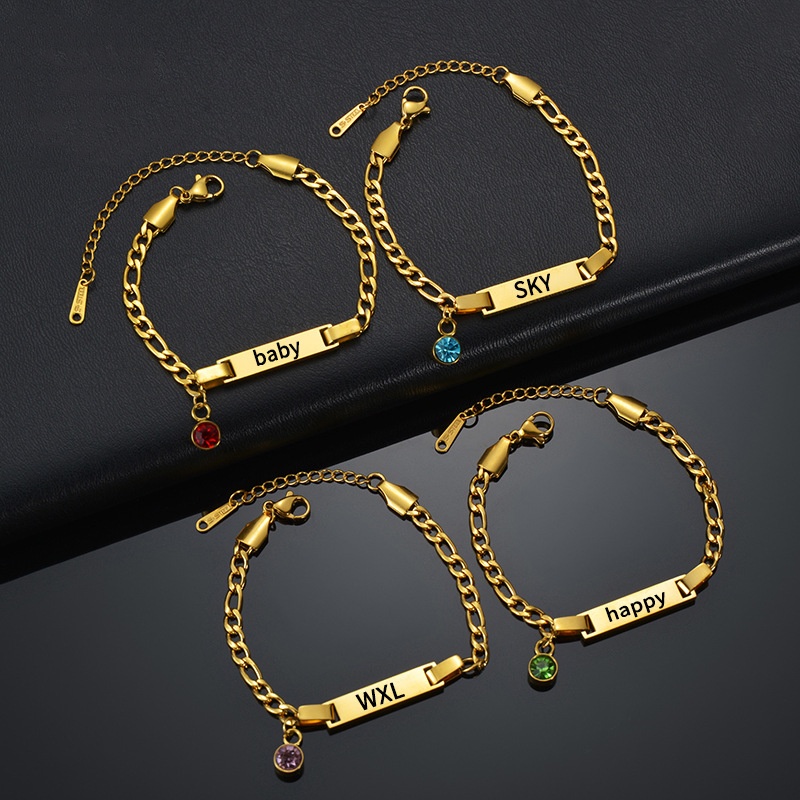Personalized Baby Name Bracelet with Birthstone Charm, Custom Gold Plated Stainless Steel ID Jewelry for Newborns & Toddlers