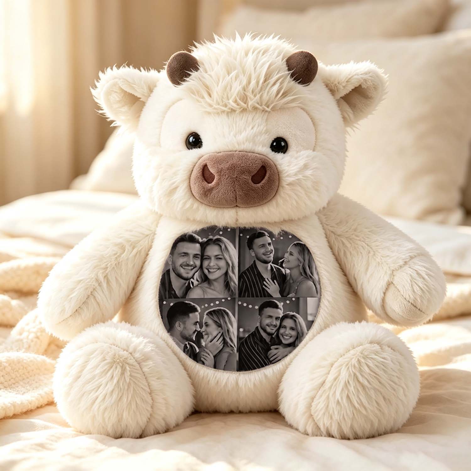 Custom Photo Highland Cow Plush Toy Personalized Picture Stuffed Highland Cattle Cute Family & Anniversary Keepsake Gift for Kids & Couples