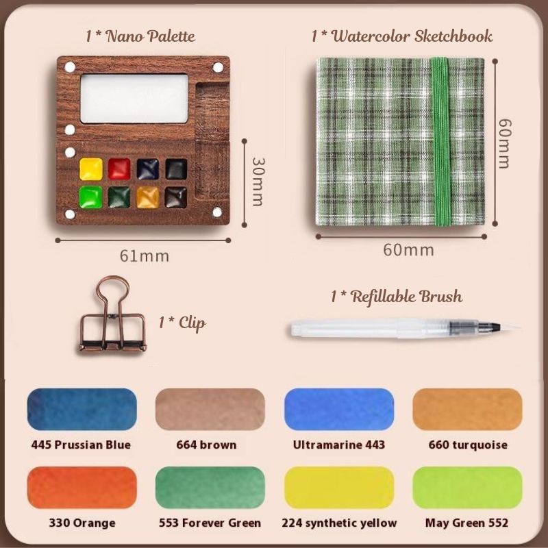 Mini Walnut Color Box Watercolor Package 8 Colors Portable Sketch Journal Book Travel Watercolor Painting Set