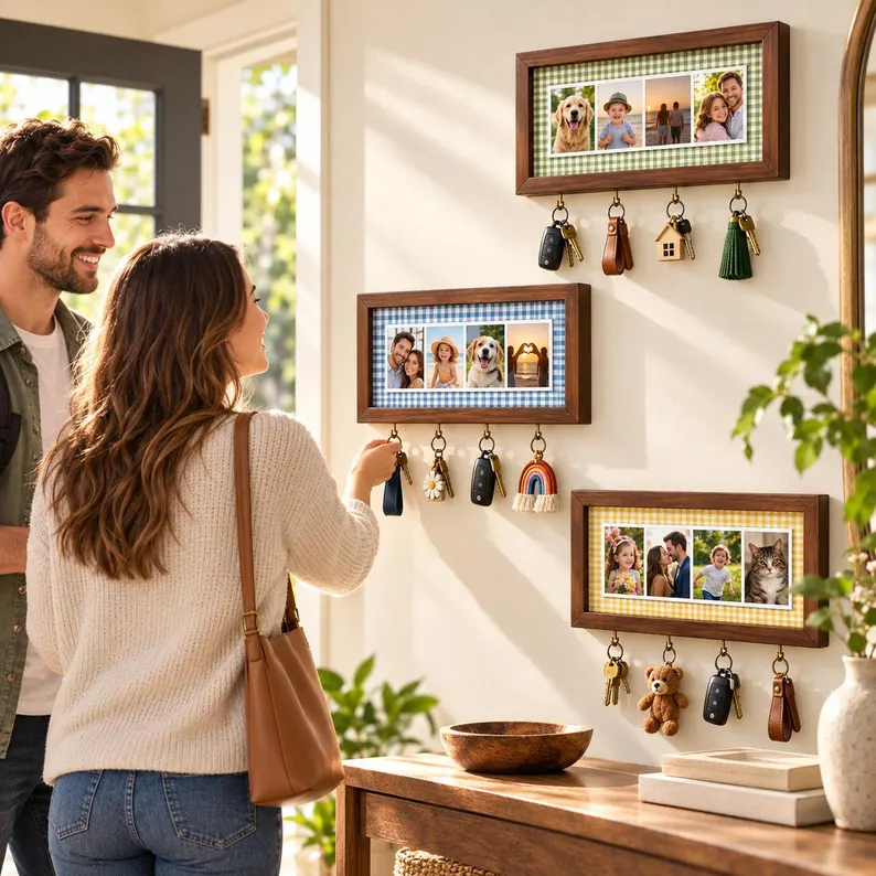 Personalized Photo Key Holder Custom Picture Frame Key Rack Wooden Entryway Organizer detail