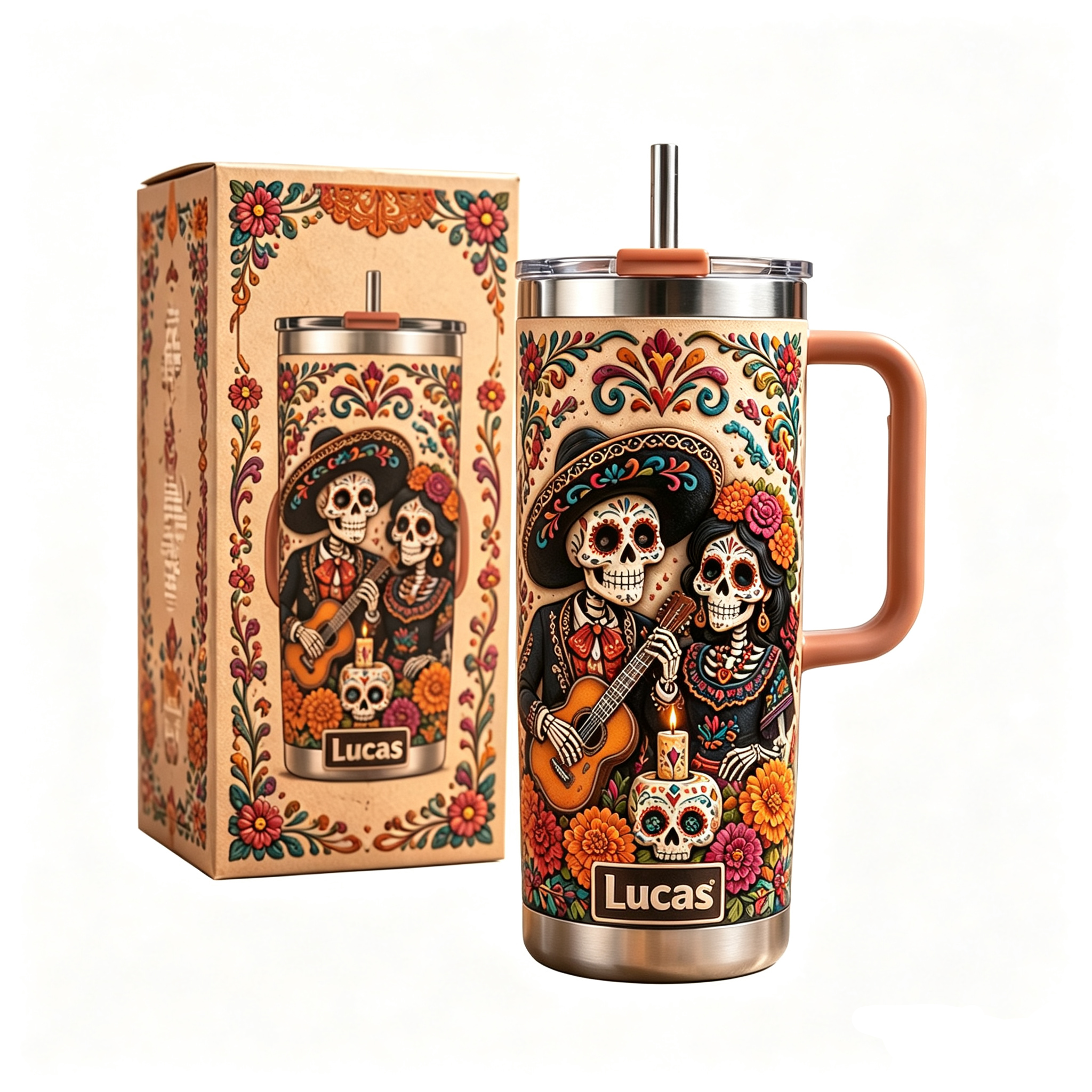 Personalized Sugar Skull Couple Tumbler - Custom Name Day of the Dead & Halloween Gift for Husband Wife Couple, 30oz 40oz Stainless Steel Handle Cup