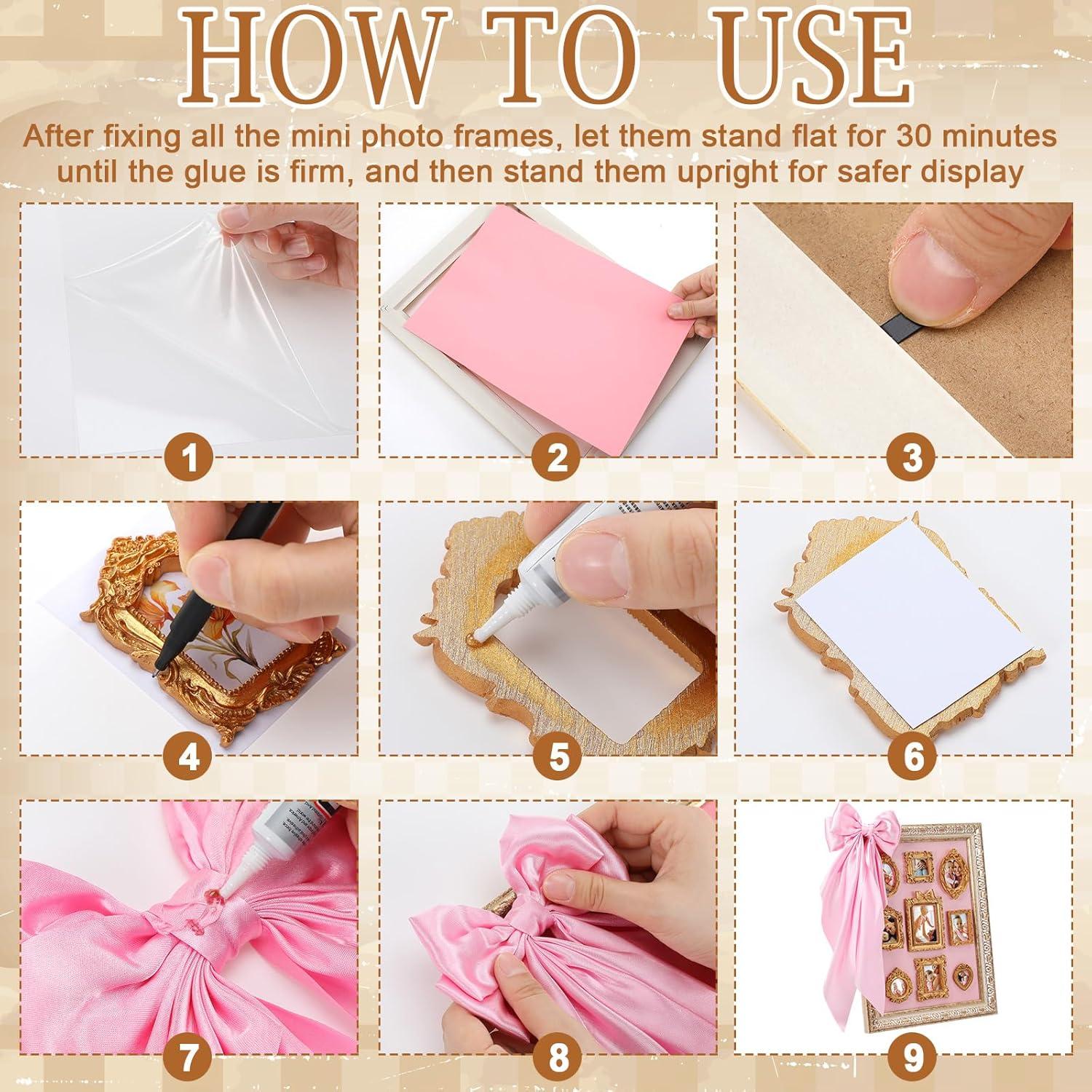 Sieral DIY Bow Photo Frames Museum 11 x 14 Inch Coquette Vintage Photo Frame with 9 Pcs Mini Gold Photos Frames and Pink Bow Ribbon for Baby Showers Anniversary Wedding Birthday Home Decor