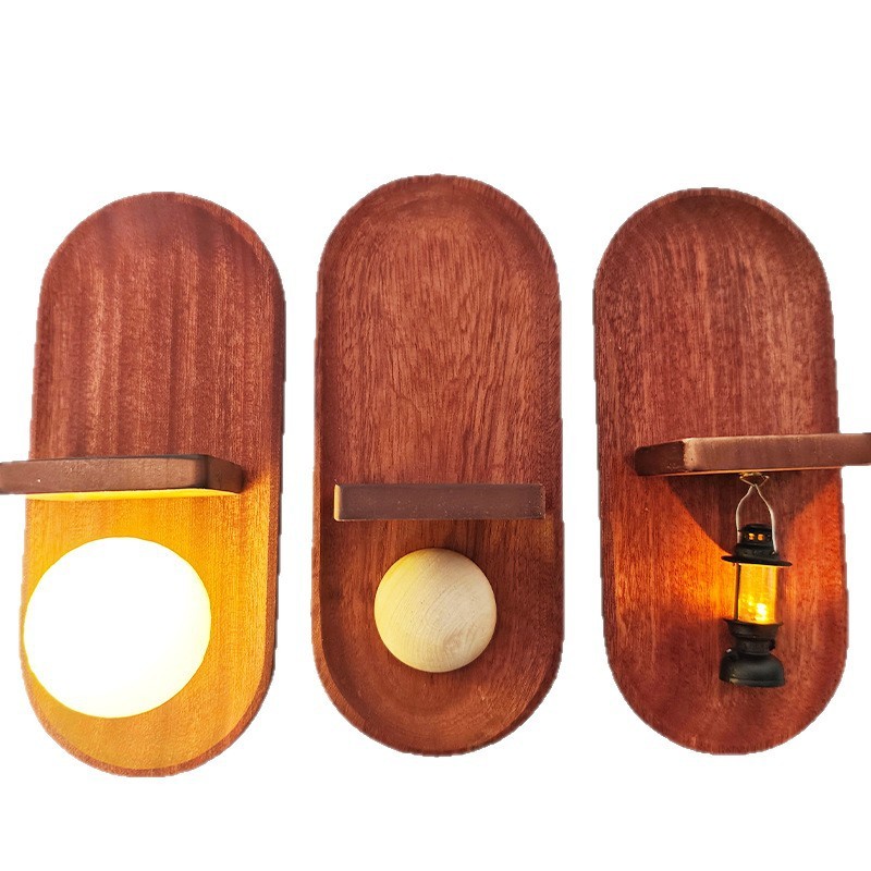No-Drill Vintage Wood Wall Shelf with 3D Wall Lamp(Decorations not included)