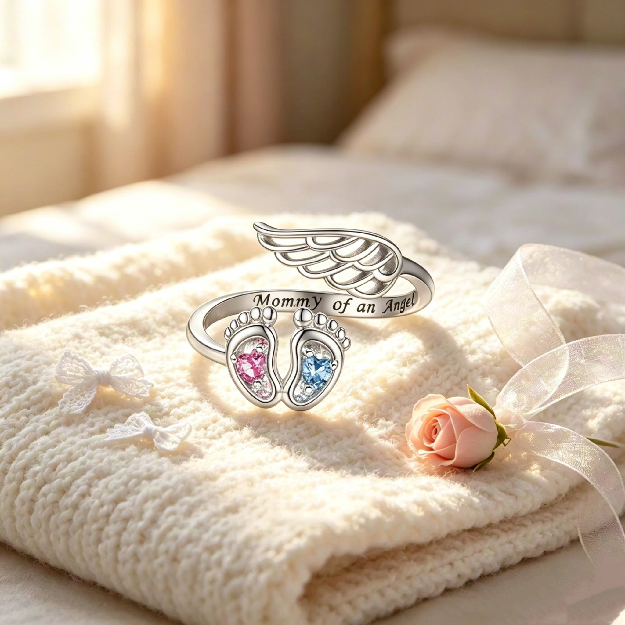 Mommy of an Angel Remembrance Ring Adjustable Angel Wing Baby Feet Heart Ring Miscarriage Infant Loss Memorial Jewelry Gift for Grieving Mothers