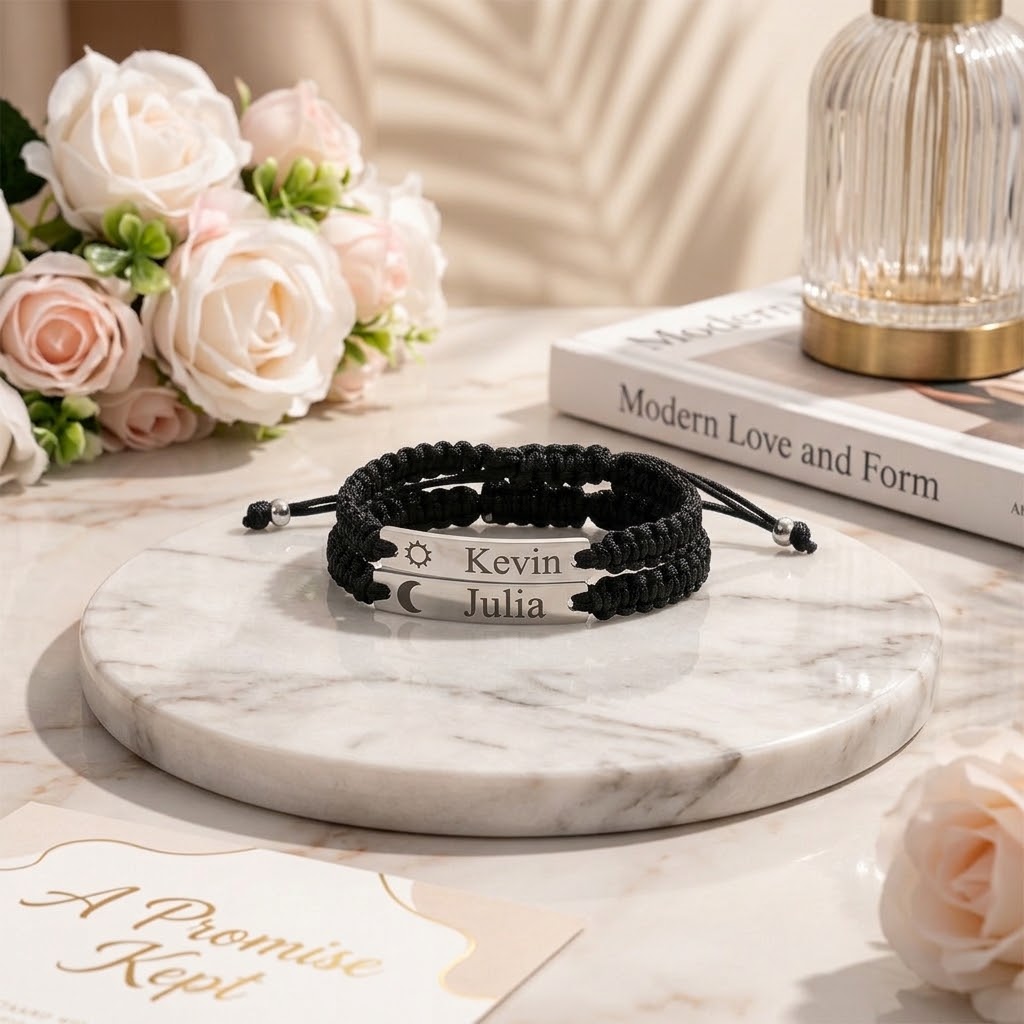 Personalized Sun & Moon Couple Bracelets – Custom Engraved Woven Bracelets for Couples, Matching Relationship Gift