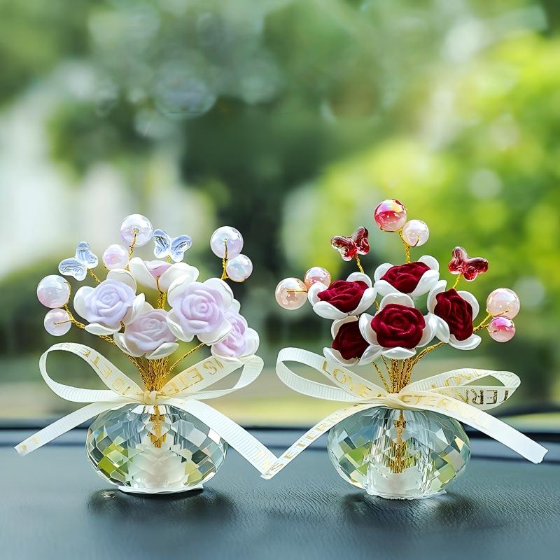 Crystal Rose Flower Ornament Car Decoration Mini Potted Plant Gift for Her