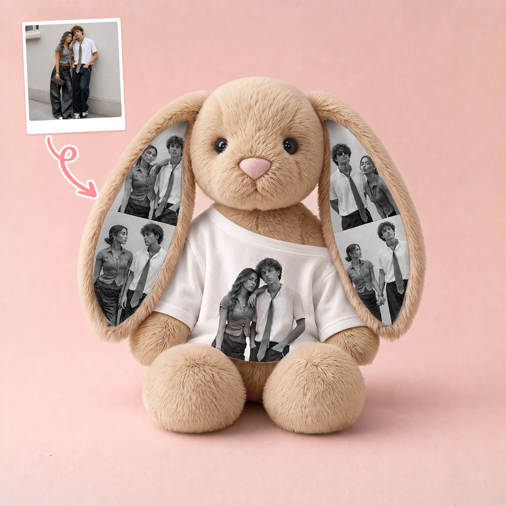 Personalized Bunny Plush with Your Photos – Custom Printed Ears & Shirt Stuffed Rabbit Toy, Cute Memory Keepsake Gift for Couples & Kids