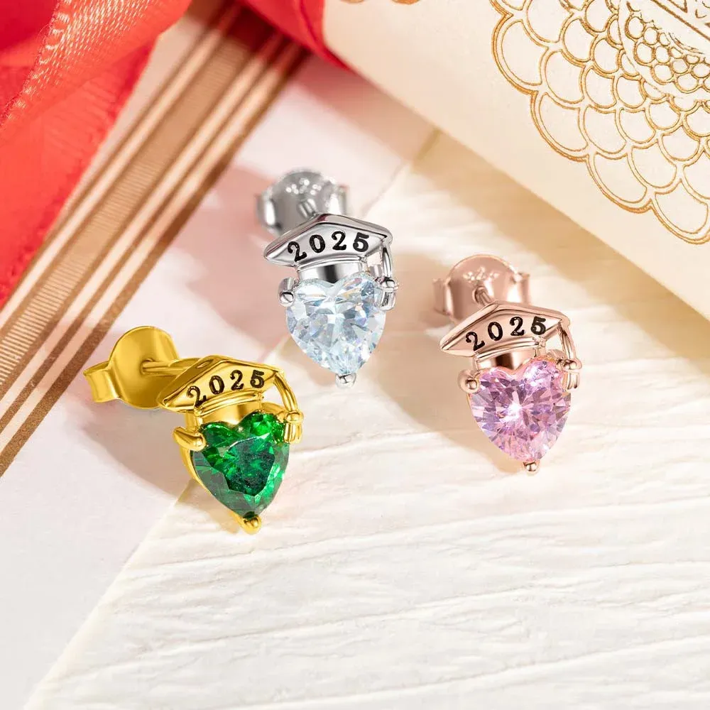 Custom Graduation Cap Stud Earrings with Birthstones Heart Post Earrings Class of 2025 Graduation Jewelry Graduation Gifts for Her/Family/Friends