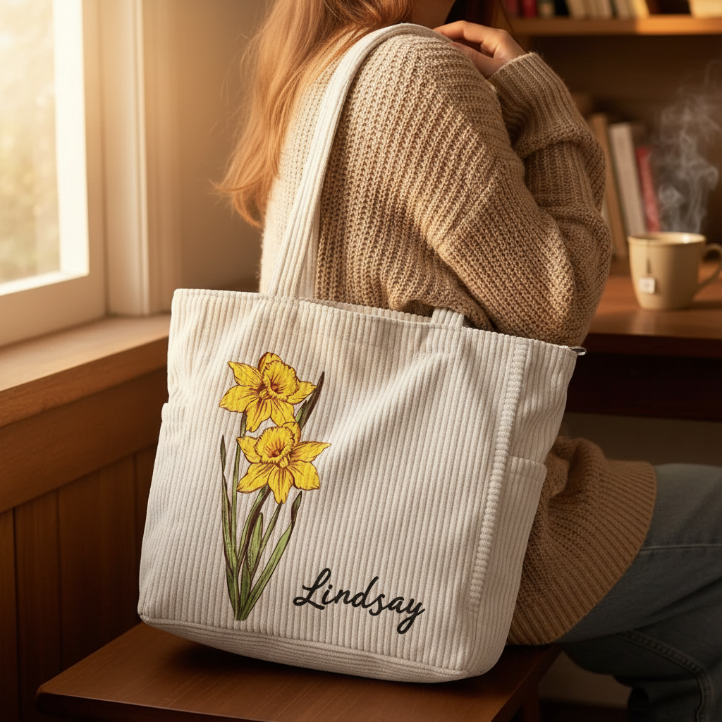 Personalized Birth Flower Corduroy Large Capacity Tote Bag with Name Daily Use Birthday Gift for Women