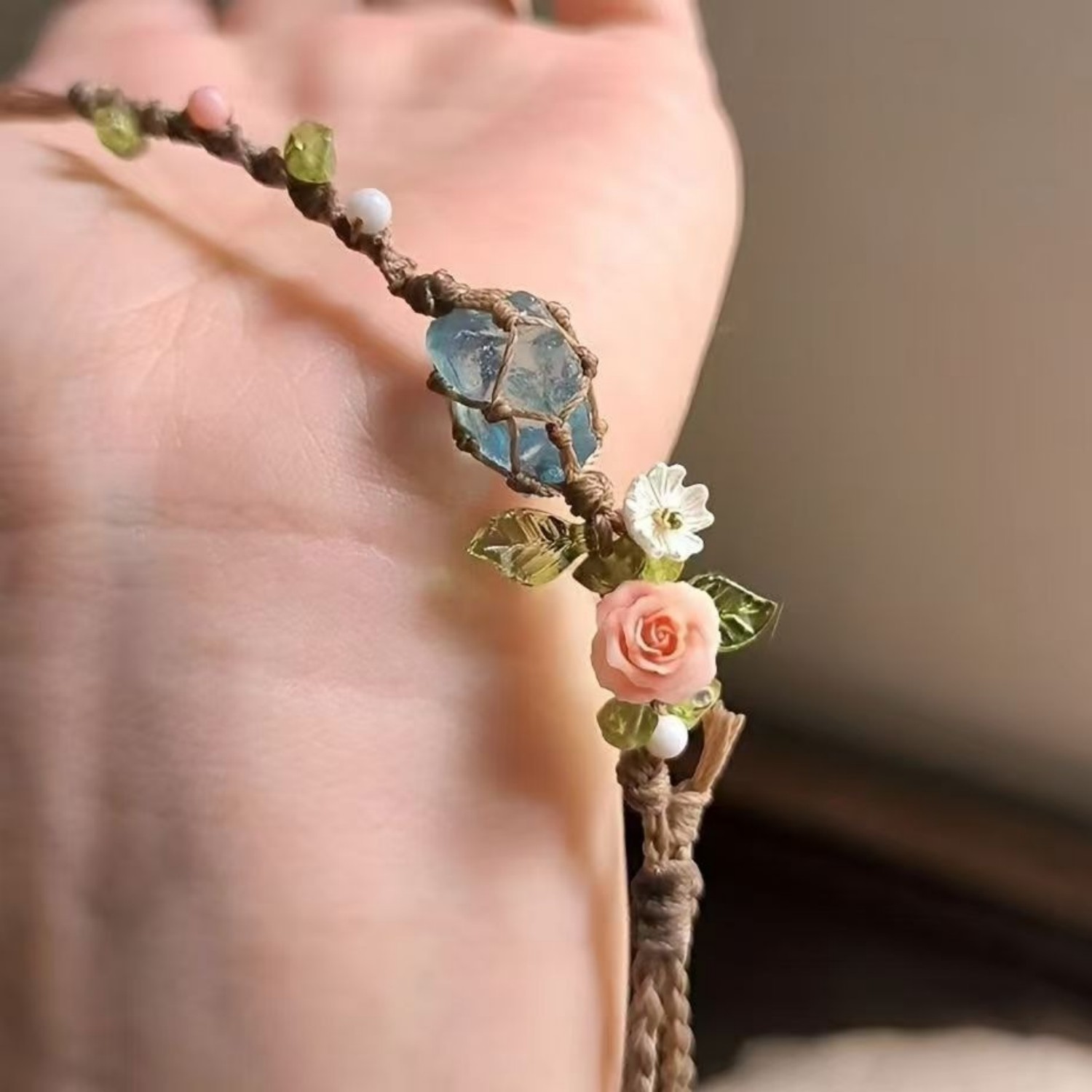 Personalized Colorful Stone Wreath Bracelet with Mesh Weave Gift for Girls