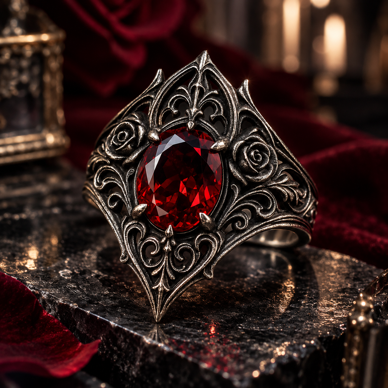Gothic Marquise Crimson Gemstone Ring – Sculptural 925 Sterling Silver with Deep Red Center Stone, Filigree Scrolls & Pointed Gothic Arches