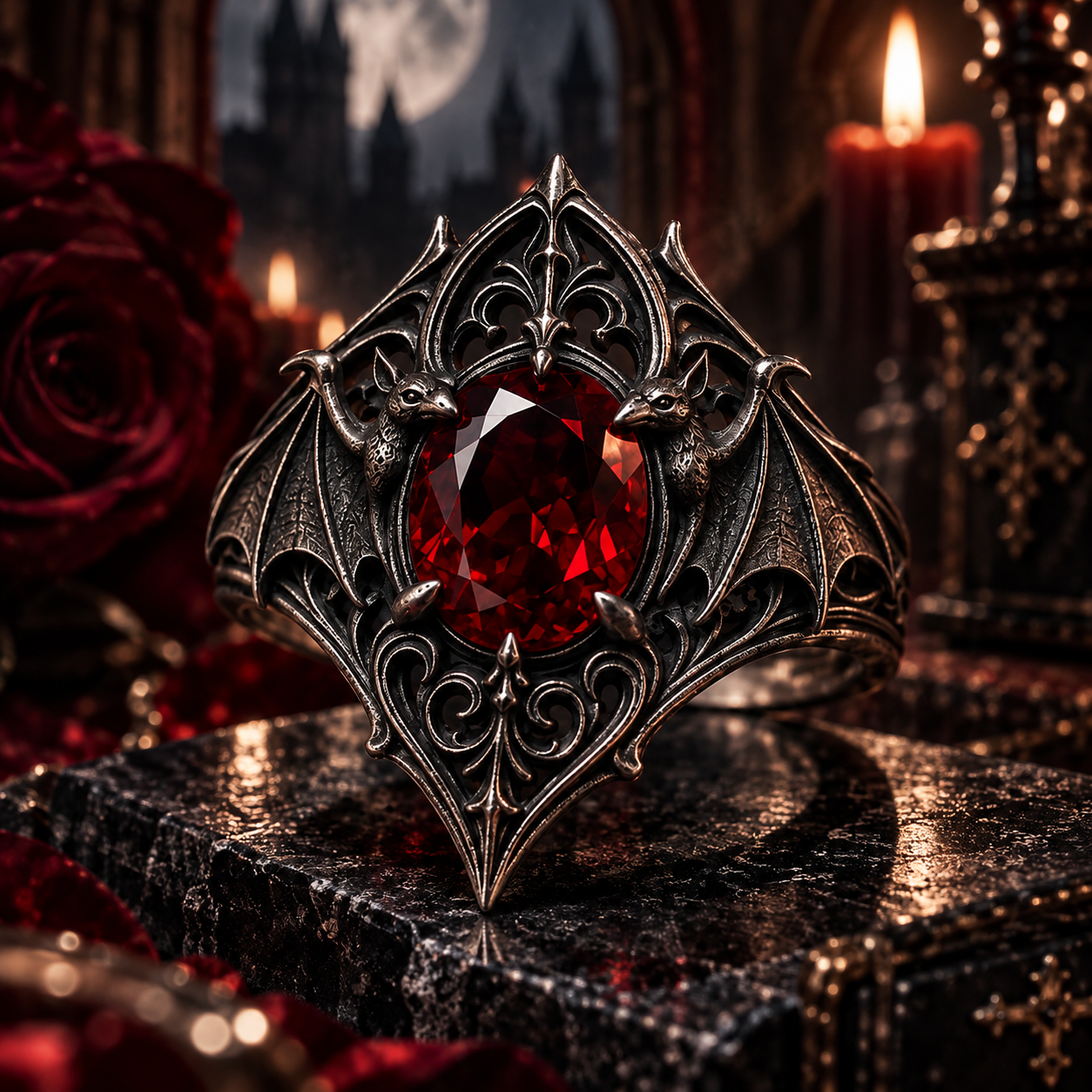 Gothic Marquise Crimson Gemstone Ring – Sculptural 925 Sterling Silver with Deep Red Center Stone, Filigree Scrolls & Pointed Gothic Arches