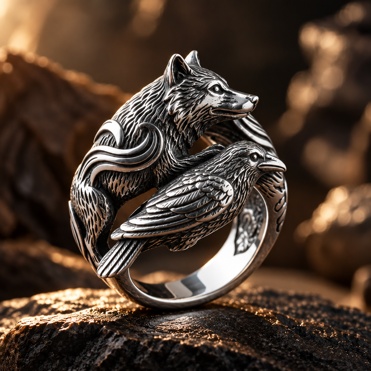 Bear & Raven Symbiosis Ring – Sculptural 925 Sterling Silver with Intricate Bear & Raven Narrative Carving