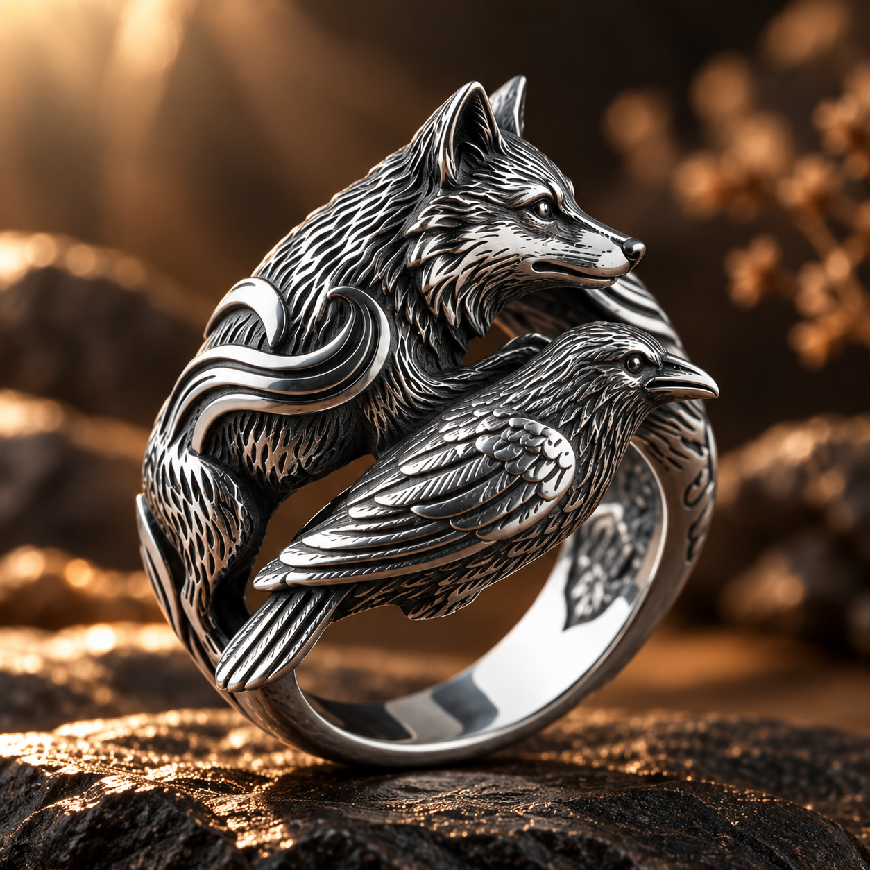 Bear & Raven Symbiosis Ring – Sculptural 925 Sterling Silver with Intricate Bear & Raven Narrative Carving